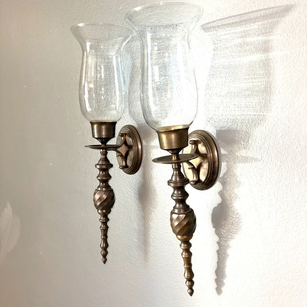 Pair of Vtg Antique Brass Hurricane Wall Sconces with Clear Glass Shades 18in